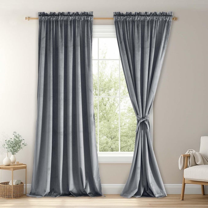GREY VELVET CURTAINS 96 INCHES FOR LIVING ROOM THERMAL INSULATED ROD POCKET ROOM DARKENING WINDOW CURTAINS SUPER SOFT HOME DECO BLACKOUT VELVET DRAPES 2 PANELS WITH TIEBACKS 52W X 96L