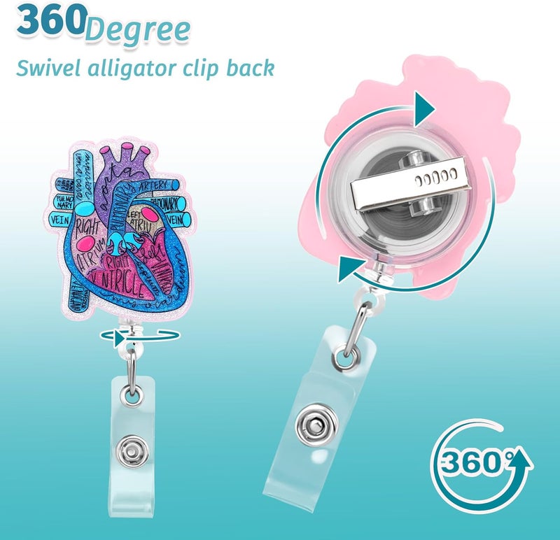 Dimeho Cardiac Badge Holder Heart Retractable Reel ID Card Clip Anatomy Funny Nurse Name Tag Holder Pediatrics Nursing Badge Alligator Clips for Doctor Student Teacher Medical Assistant (Blue Purple) - Image 5