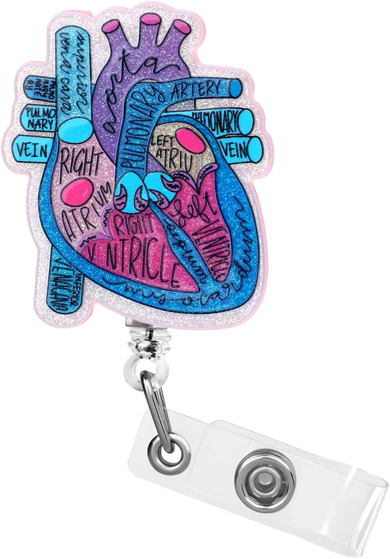 Dimeho Cardiac Badge Holder Heart Retractable Reel ID Card Clip Anatomy Funny Nurse Name Tag Holder Pediatrics Nursing Badge Alligator Clips for Doctor Student Teacher Medical Assistant (Blue Purple) - Image 1