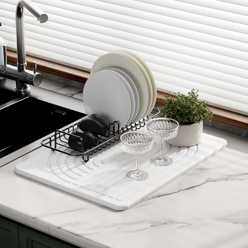 Slow Slog Stone Dish Drying Mat for Kitchen Counter Diatomaceous Earth Drying Mat, 15.8"x11.8" Super Absorbent Drying Stone, Quick Dry, Heat Resistant, Odorless (White) - Image 1