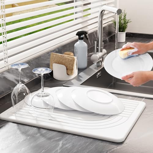 Slow Slog Stone Dish Drying Mat for Kitchen Counter Diatomaceous Earth Drying Mat, 15.8"x11.8" Super Absorbent Drying Stone, Quick Dry, Heat Resistant, Odorless (White) - Image 3