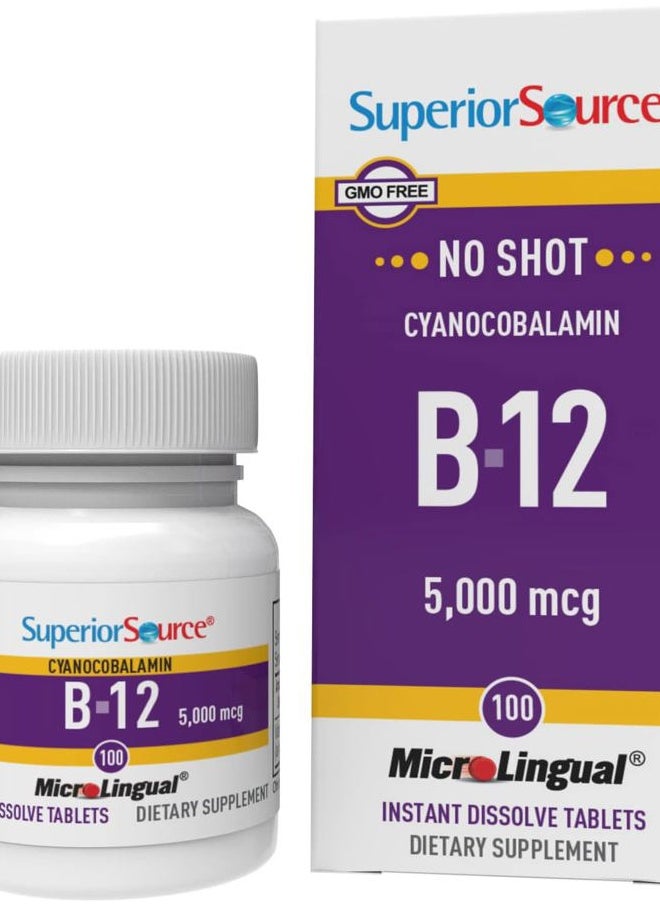 Superior Source No Shot Vitamin B-12 Cyanocobalamin 5000 mcg - Vitamin B-12 to Support Energy Production, Brain Health & Overall Wellness - Sublingual Tablets - 100 Dissolvable Tablets  - Image 1