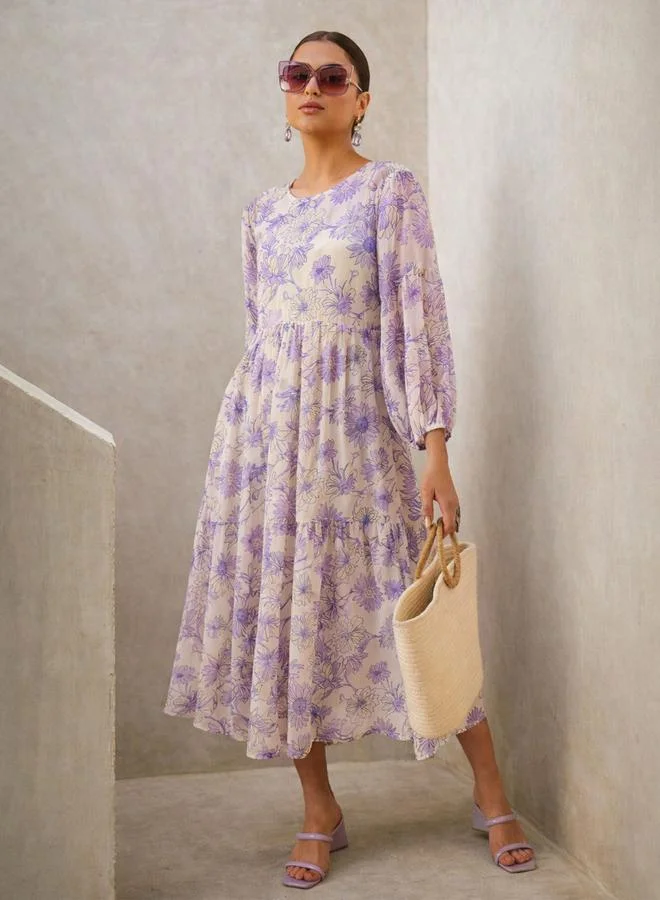 SASSAFRAS Floral Print Balloon Sleeve Tiered Midi Dress