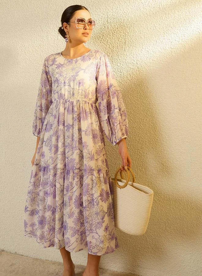 SASSAFRAS Floral Print Balloon Sleeve Tiered Midi Dress