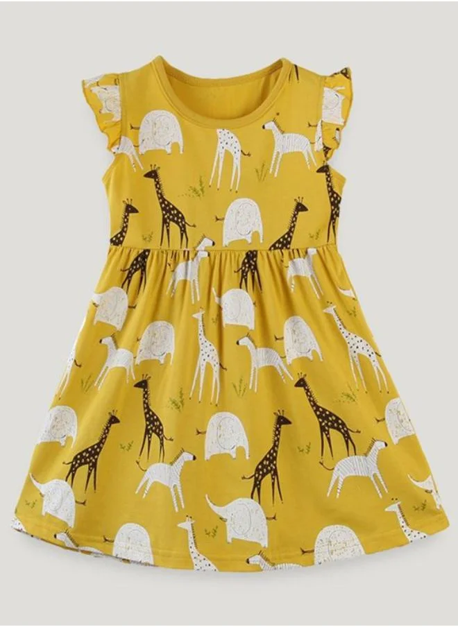 YUNIQEE Yellow A-Line Crew Neck Printed Dress