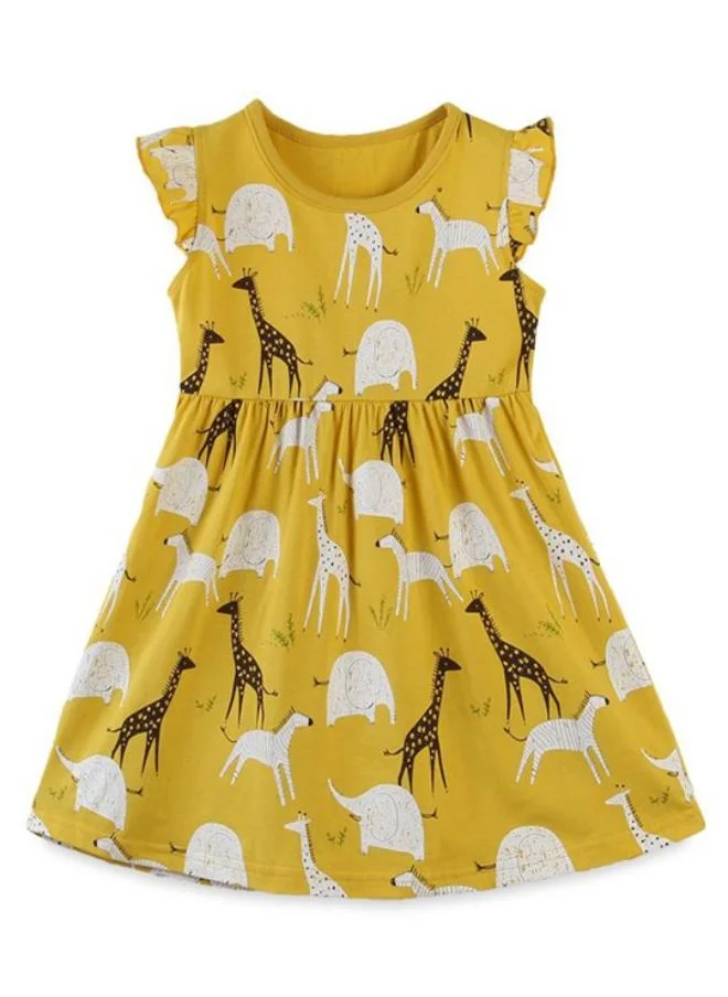 YUNIQEE Yellow A-Line Crew Neck Printed Dress