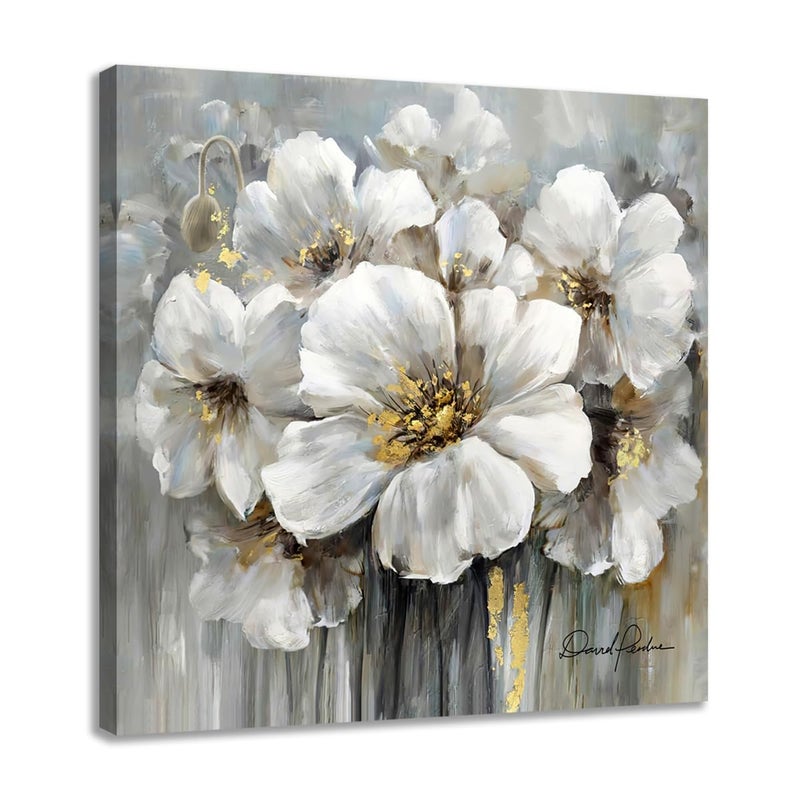 Woxfcart Bathroom Flower Pictures Wall Art White Floral Print on Canvas with Gold for Gray Powder Room Bedroom Decor 135 x 135