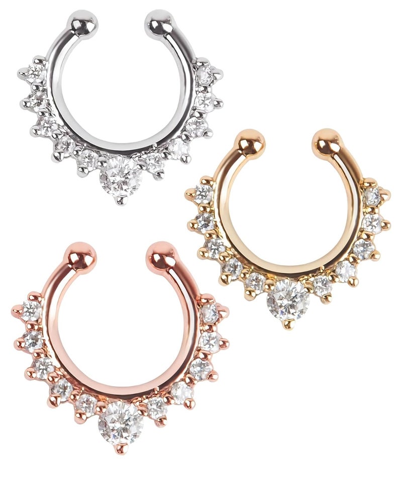 RupeeRise Nose Rings, Fashionable Double Row Diamond Nose Clip - Image 1