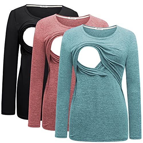 Bearsland Women's 3 Packs Maternity Clothes Long Sleeves Breastfeeding Shirts Nursing Top,Black+Brick red+Sky Blue,L - Image 1
