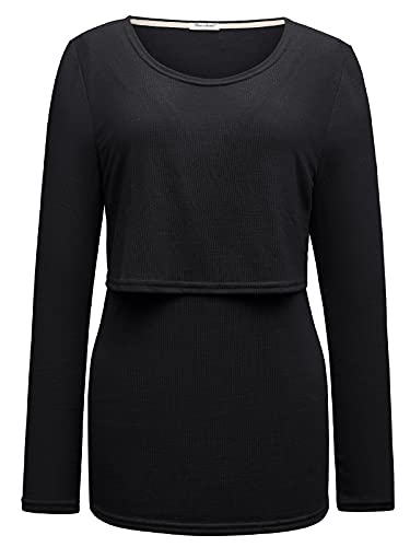 Bearsland Women's 3 Packs Maternity Clothes Long Sleeves Breastfeeding Shirts Nursing Top,Black+Brick red+Sky Blue,L - Image 4