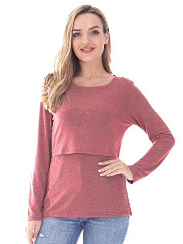 Bearsland Women's 3 Packs Maternity Clothes Long Sleeves Breastfeeding Shirts Nursing Top,Black+Brick red+Sky Blue,L - Image 3