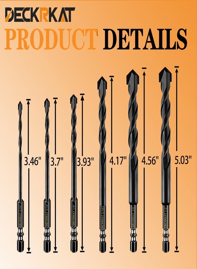 DECKRKAT 6-Piece Black Masonry Drill Bit Set for Concrete, Brick, Tile - Carbide Tipped, Quick Change 1/4" Hex Shank (5/32",3/16",1/4",5/16",3/8",1/2") w/Storage Case - Image 2