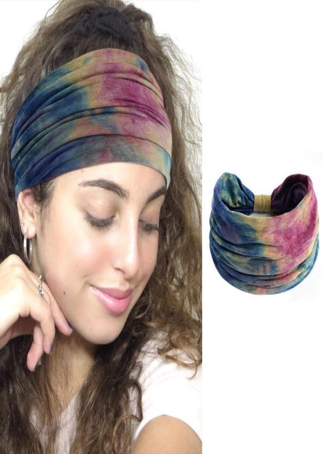 DAZZLIQ Chic Tie-Dye Bandanas for Women Soft Wide Head Band Workout Hair Band Sweat-Proof Gym Headband Cloth Hairband for Women Hair Scarf Running Yoga Sports (Mix Boho), Multi-Coloured, Microfiber - Image 2