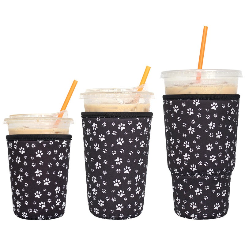 Xumbtvs 3 Pack Reusable Iced Coffee Sleeves  Xumbtvs Insulator Sleeve for Cold Beverages Neoprene Cup Holder for Starbucks Coffee Dunkin Coffee More Black paw 