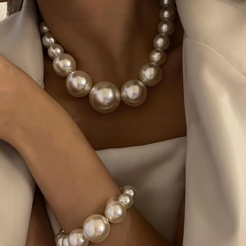 Peutlhomy Pearl Necklaces for Women Big Pearl Choker Necklaces Chunky Statement Necklace Adjustable Wedding Party - Image 3