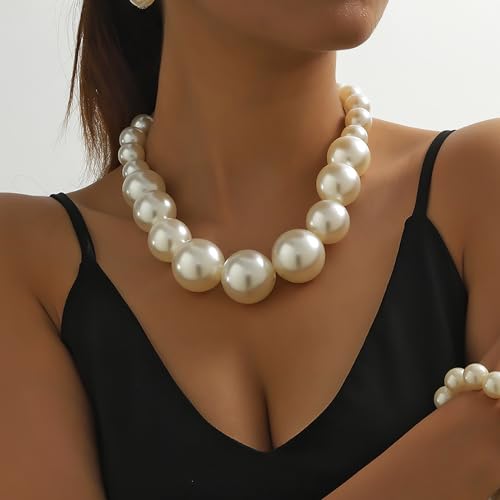 Peutlhomy Pearl Necklaces for Women Big Pearl Choker Necklaces Chunky Statement Necklace Adjustable Wedding Party - Image 4