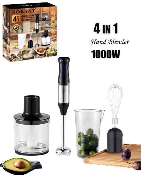 Hand Blender/Mixer With Chopper and Whisk, Handheld 1000W Motor Electric Whisk Stainless Steel Whisk, Chopper Bowl, Measuring Beaker 4-IN-1, 5 Speed Stick Blender for Kitchen, Baby Food, SK-1711-4