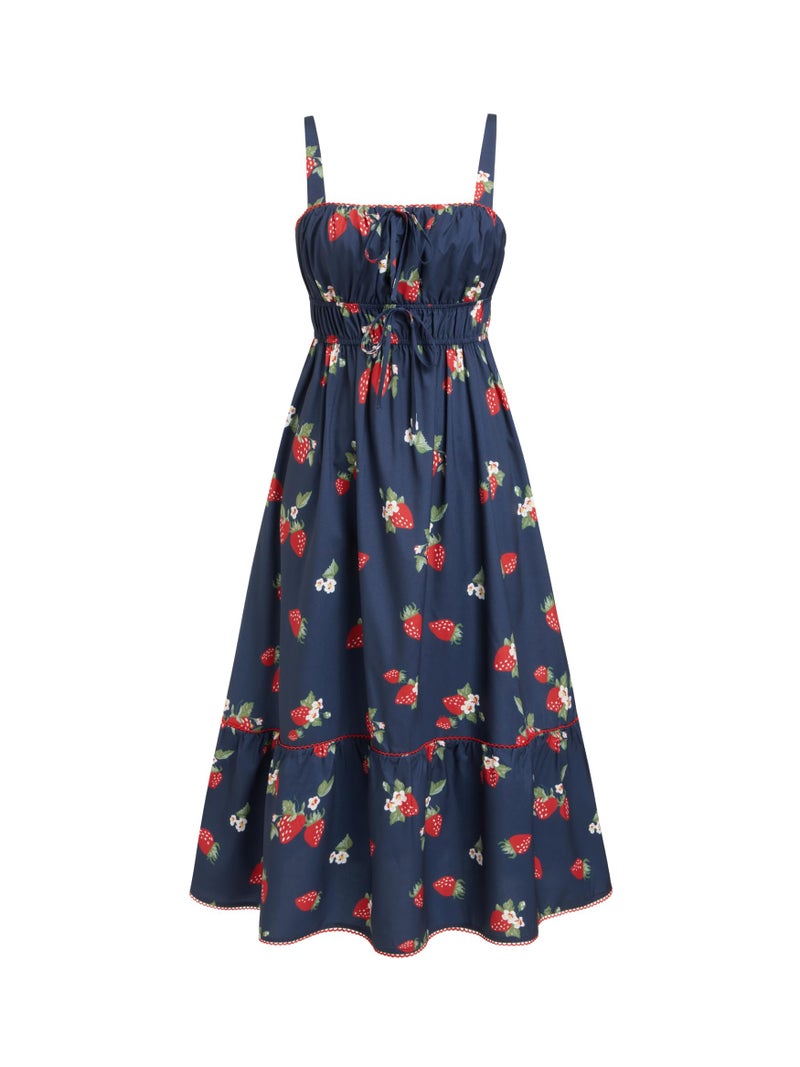 CIDER Maxi Dresses for Women Floral Spaghetti Straps Square Neck Tie Front Sundress Summer Beach Casual Outfits Dark Navy - Image 1