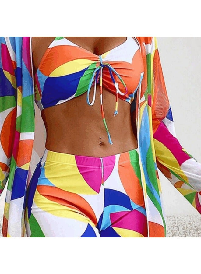 Generic European And American Color Printed Blouse Thin Translucent Three-piece Swimsuit Women's Sunscreen Beach Suit-Color:Black-Size:XL - Image 3