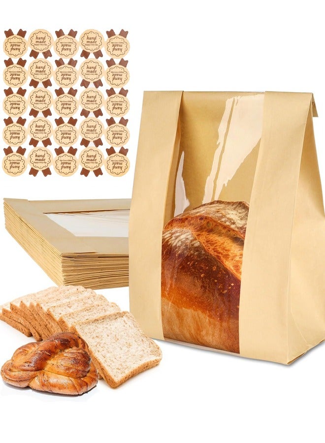 BF HOME 50 Pieces Kraft Paper Greaseproof Bags with Clear Window and Label Stickers Coffee Bags Baking Packaging Toast Bags Bread Paper Bags - Image 1