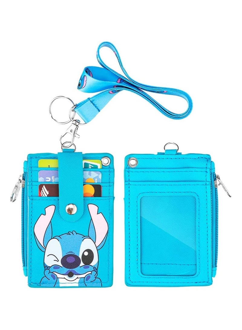 عام حافظة بطاقة تعريف مع جيب بسحّاب بتصميم لطيف من جلد PU مع حزام عنق، تحتوي على 5 فتحات بطاقات على كلا الجانبين، مثالية للأولاد والبنات والرجال والنساء وموظفي المكاتب - Image 1