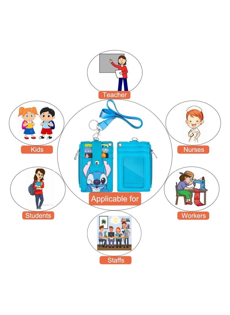 عام حافظة بطاقة تعريف مع جيب بسحّاب بتصميم لطيف من جلد PU مع حزام عنق، تحتوي على 5 فتحات بطاقات على كلا الجانبين، مثالية للأولاد والبنات والرجال والنساء وموظفي المكاتب - Image 3