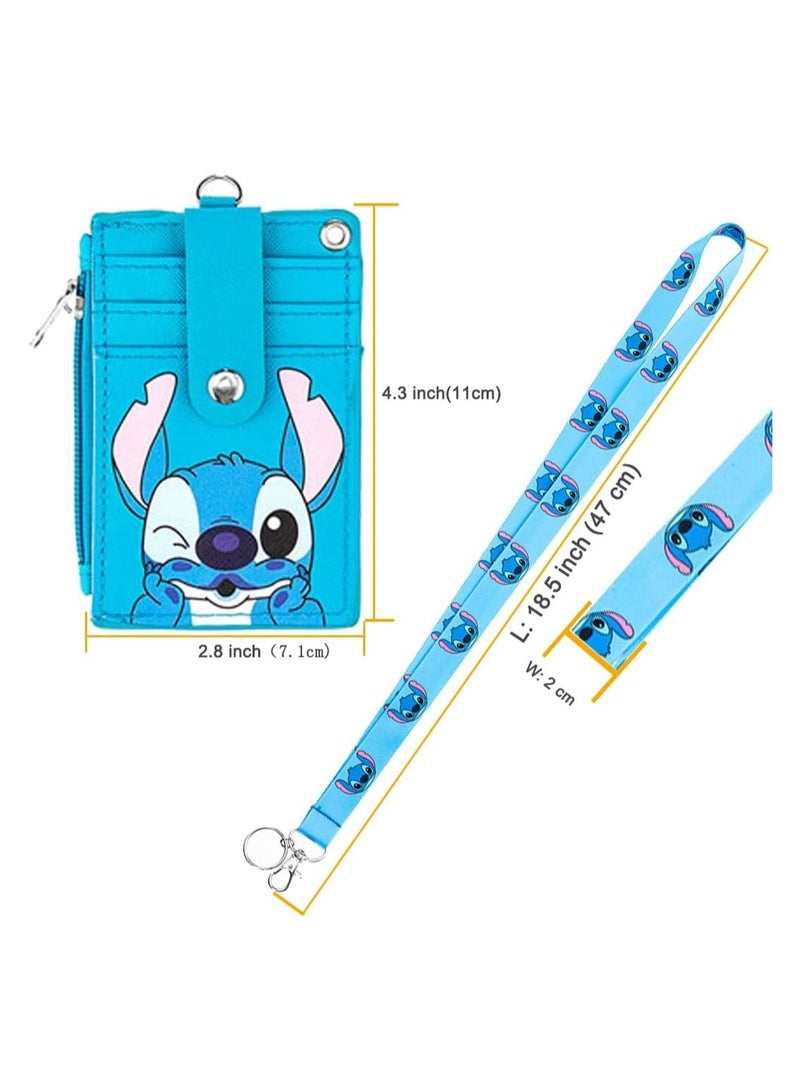 عام حافظة بطاقة تعريف مع جيب بسحّاب بتصميم لطيف من جلد PU مع حزام عنق، تحتوي على 5 فتحات بطاقات على كلا الجانبين، مثالية للأولاد والبنات والرجال والنساء وموظفي المكاتب - Image 2