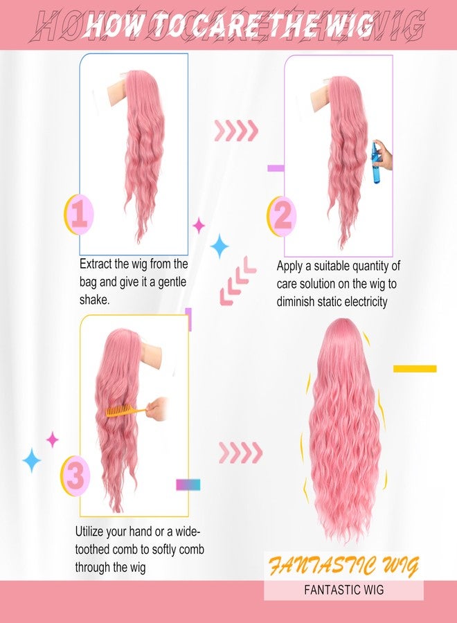 BUPPLER شعر مستعار طويل وردي اللون من BUPPLER، بطول 28 بوصة، مع فرق في المنتصف، مصنوع من مواد صناعية، مناسب كهدية واقعية، مناسب للحفلات، للاستخدام اليومي، شعر مستعار ملون (وردي). - Image 3