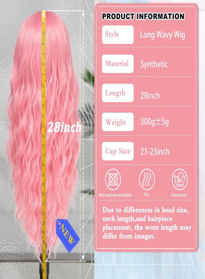 BUPPLER شعر مستعار طويل وردي اللون من BUPPLER، بطول 28 بوصة، مع فرق في المنتصف، مصنوع من مواد صناعية، مناسب كهدية واقعية، مناسب للحفلات، للاستخدام اليومي، شعر مستعار ملون (وردي). - Image 2