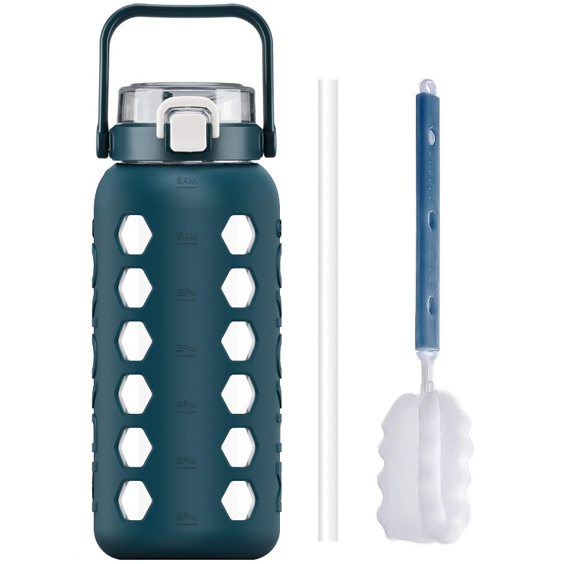 MUKOKO Half Gallon64 oz Glass Water Bottles with Straw and LidMotivational Water Jug with Time Marker Reminder and Silicone Sleeve100 Leakproof BPA Free Fitness Sports Large BottleBlue