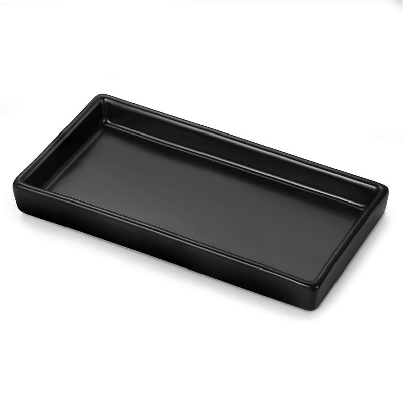 Luxspire Bathroom Vanity Tray, Mini Soap Dispenser, Small Ceramic Perfume and Jewelry Dish, Trinket Holder, Rectangle Candle Tray, Bath Organizer Kitchen Sink Narrow Soap Dish, Black - Image 1