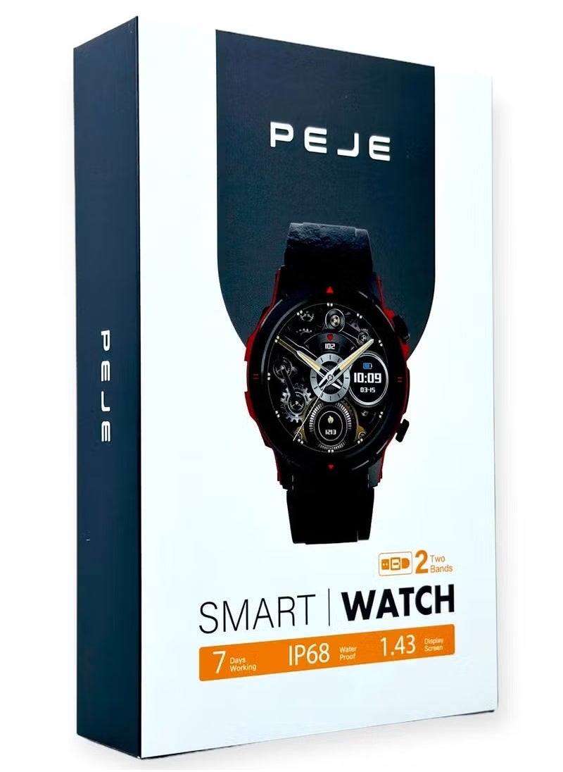 PEJE - ZW13 Smart Watch 1.43" 466x466 DPI Resolution AMOLED Display, 7 Days Battery, IP68 Waterproof, 123+ Sports Modes, Heart-Rate, Bluetooth 5.2 Voice Calling, iOS/Android Compatibility, 2 Bands - Image 1