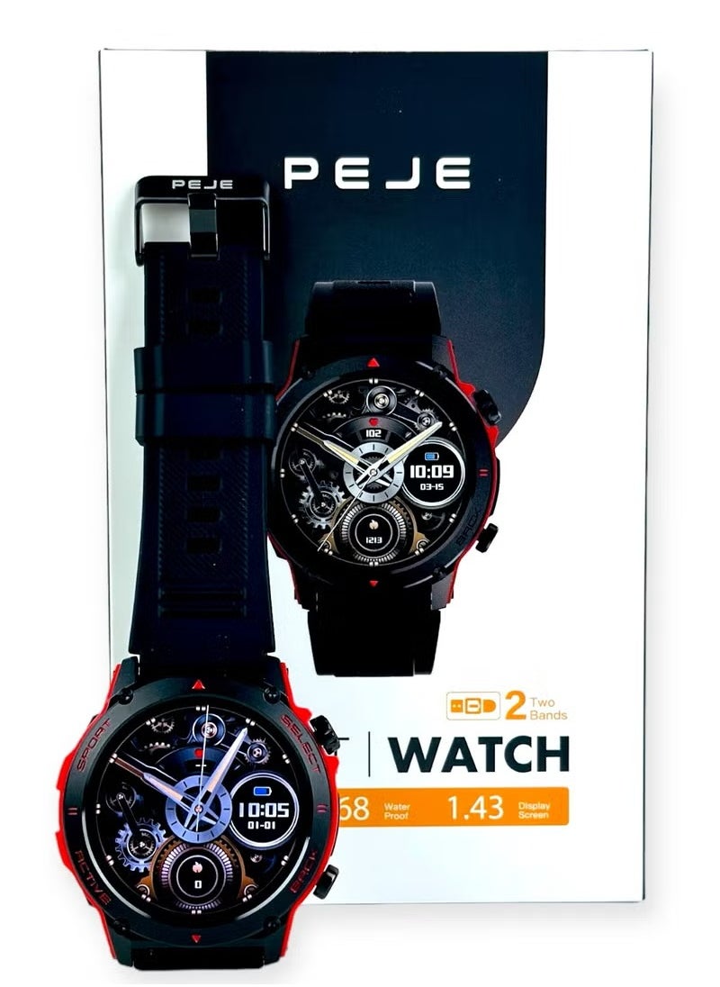 PEJE - ZW13 Smart Watch 1.43" 466x466 DPI Resolution AMOLED Display, 7 Days Battery, IP68 Waterproof, 123+ Sports Modes, Heart-Rate, Bluetooth 5.2 Voice Calling, iOS/Android Compatibility, 2 Bands - Image 1