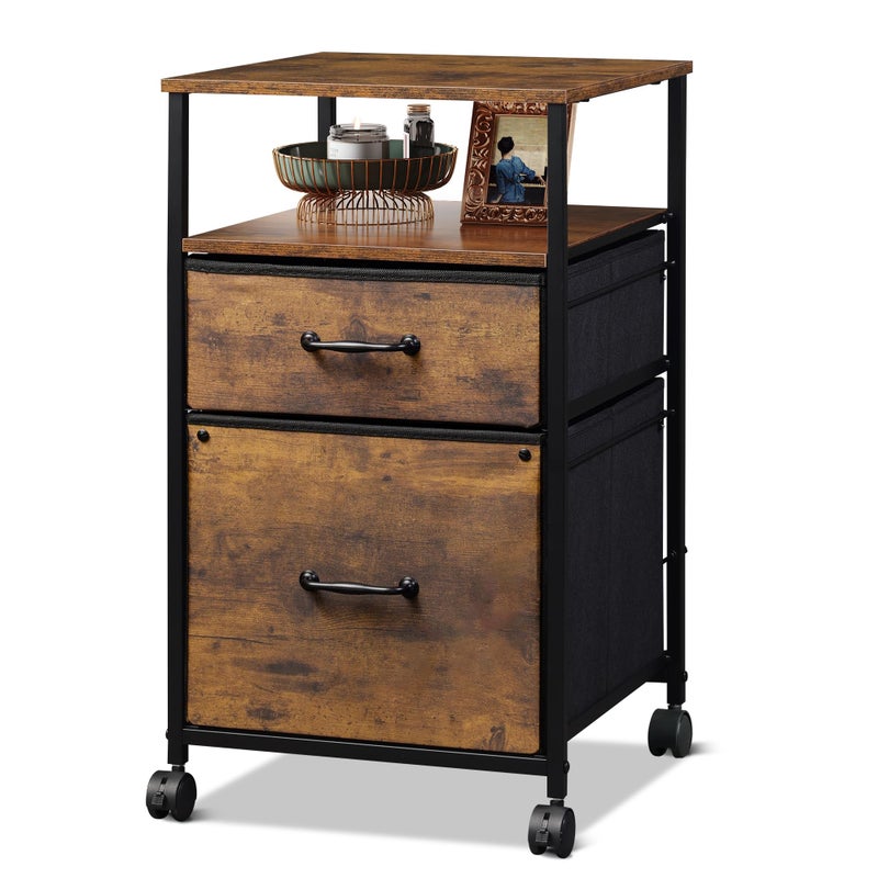 DEVAISE 2 Drawer Mobile File Cabinet, Rolling Printer Stand with Open Storage Shelf, Fabric Vertical Filing Cabinet fits A4 or Letter Size for Home Office, Rustic Brown Wood Grain Print - Image 1
