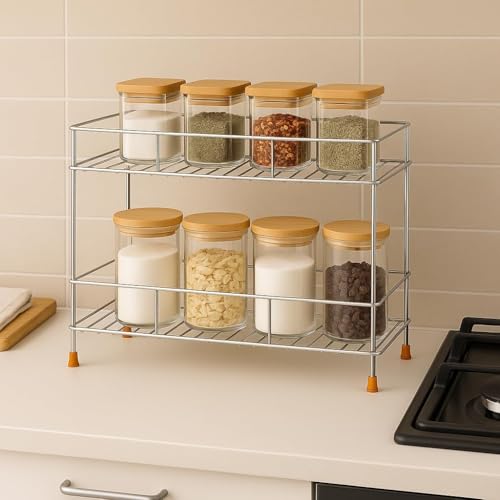 Cri8Hub Stainless Steel 2-Tier Kitchen Countertop Spice Container Organizer Rack with Shelf Liner for Kitchen/Cabinet/Pantry/Office (Rectangle) 35L x 16W x 28H cm - Image 1