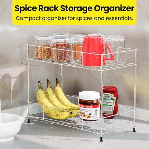 Cri8Hub Stainless Steel 2-Tier Kitchen Countertop Spice Container Organizer Rack with Shelf Liner for Kitchen/Cabinet/Pantry/Office (Rectangle) 35L x 16W x 28H cm - Image 5