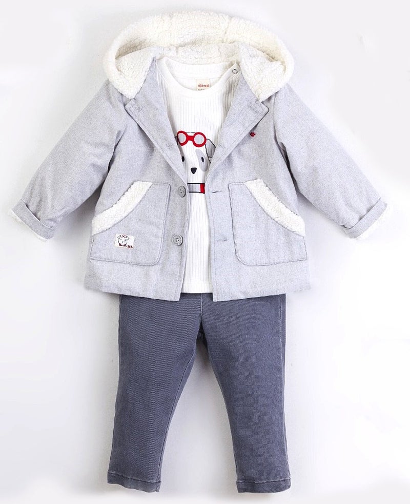 Bombili Baby Boy Hooded Plush Jacket 3 Piece Set