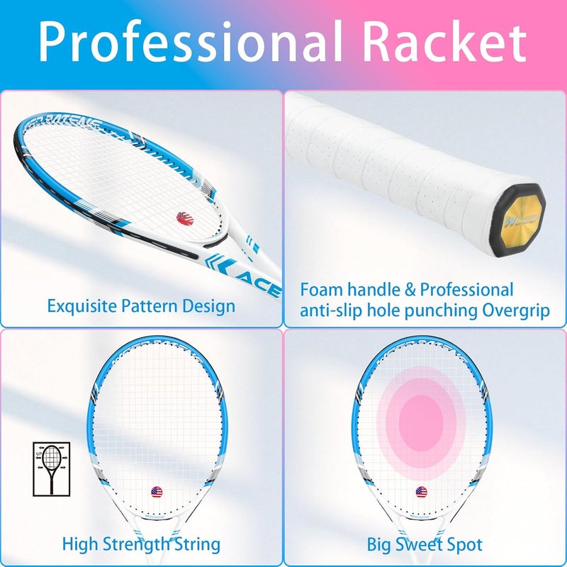 WOED BATENS Pro Tennis Racket Set for Adults - 27 Inch Speed Racquet with 3 Tennis Balls, 2 Vibration Dampers, 2 Overgrips, and Tennis Bag (Pink-Blue) - Image 3
