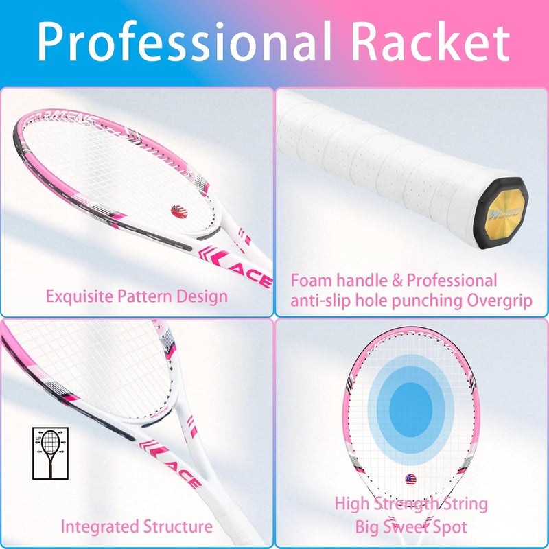 WOED BATENS Pro Tennis Racket Set for Adults - 27 Inch Speed Racquet with 3 Tennis Balls, 2 Vibration Dampers, 2 Overgrips, and Tennis Bag (Pink-Blue) - Image 4