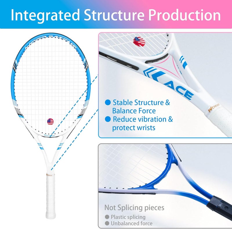 WOED BATENS Pro Tennis Racket Set for Adults - 27 Inch Speed Racquet with 3 Tennis Balls, 2 Vibration Dampers, 2 Overgrips, and Tennis Bag (Pink-Blue) - Image 2