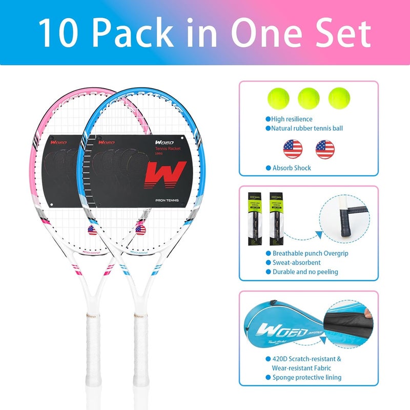 WOED BATENS Pro Tennis Racket Set for Adults - 27 Inch Speed Racquet with 3 Tennis Balls, 2 Vibration Dampers, 2 Overgrips, and Tennis Bag (Pink-Blue) - Image 5