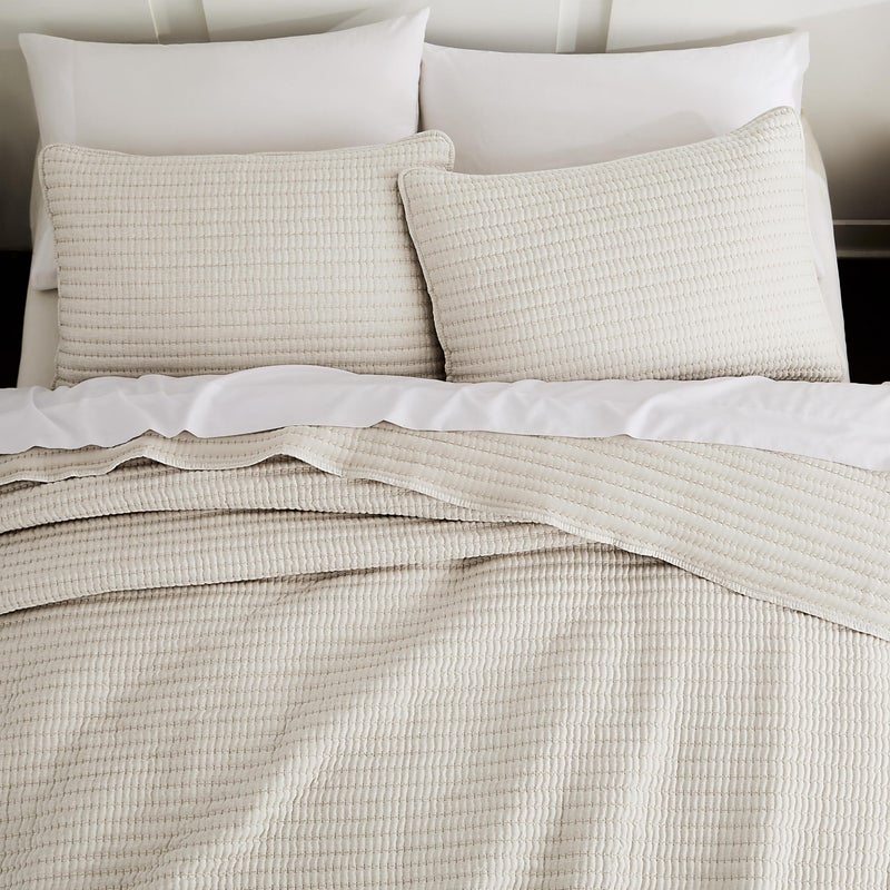 WDCOZY Beige Pick Stitch Queen Size Quilt Set, Striped Lightweight Soft Summer Spring Bedspread, Bamboo Linen Like Textured Coverlet, Chambray Farmhouse Country Rustic Bedding, Netural Thin Comforter - Image 1