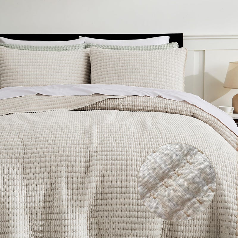 WDCOZY Beige Pick Stitch Queen Size Quilt Set, Striped Lightweight Soft Summer Spring Bedspread, Bamboo Linen Like Textured Coverlet, Chambray Farmhouse Country Rustic Bedding, Netural Thin Comforter - Image 2