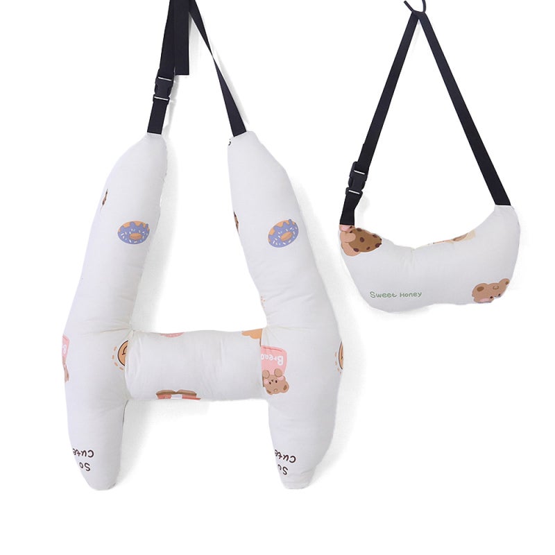 H-Shaped Travel Pillow: Beige Bear, Enhanced Head Support, Soft Breathable Cotton - Leg Numbness Prevention, Compact Design for Kids’ Car Rides, Plane Trips, Home Naps - Image 1