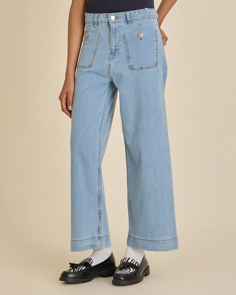 REDTAG Senior Girls Light Wash Front Pocket Wide Leg Jeans