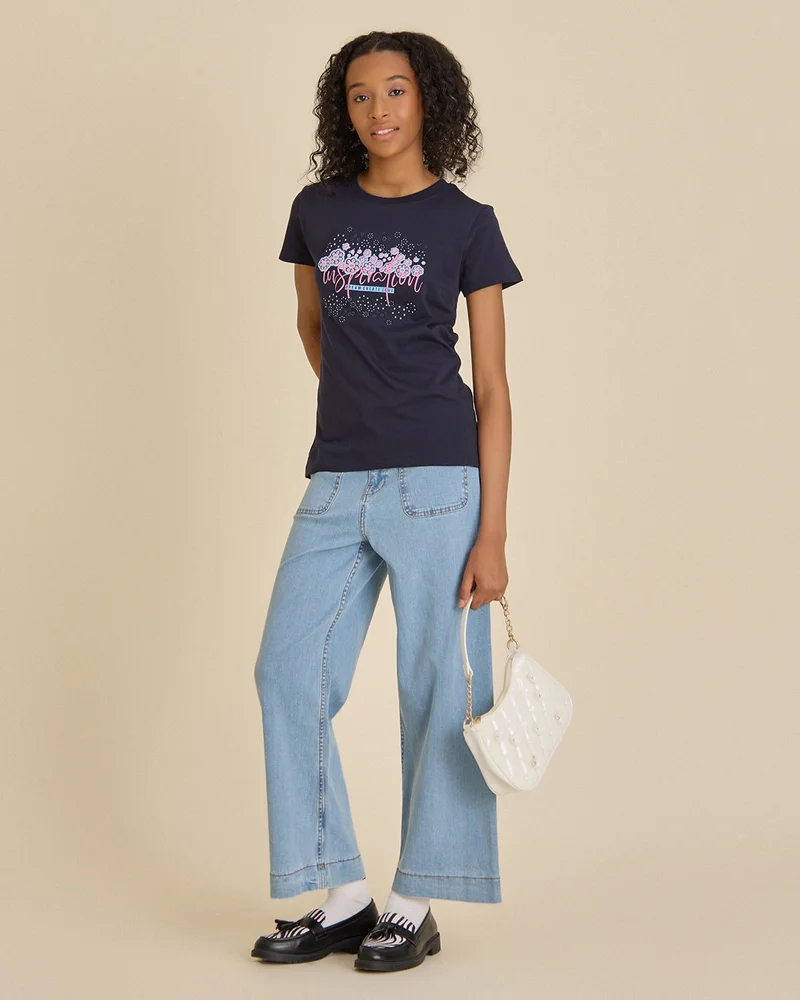 REDTAG Senior Girls Light Wash Front Pocket Wide Leg Jeans