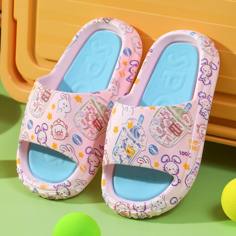 Childrens Slippers Summer New Cartoon Non-slip Soft Bottom Childrens Slippers Indoor and Outdoor Baby Boys and Girls Childrens Sandals Pink-milk tea rabbit