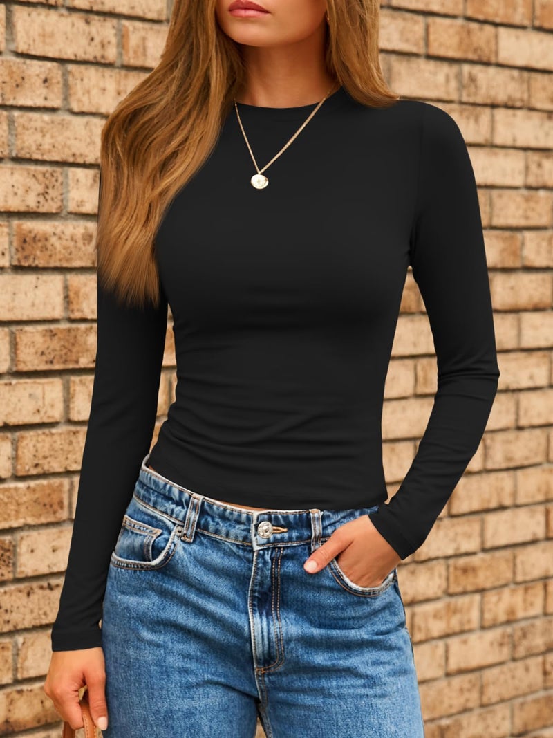 AUTOMET Womens Long Sleeve Shirts Basic Compression Going Out Crop Tops Fall Fashion Y2K Clothes 2025 Black XS - Image 2