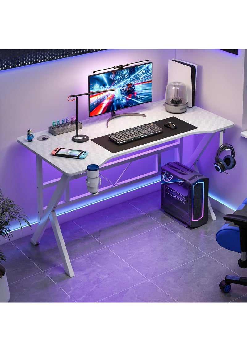 ZUIHAO ZUIHAO K-Shaped Gaming Desk Carbon Fiber Surface Office Desk with 2 Cable Holes Study Desk with Cup Holder for Gamers (White)  - Image 1
