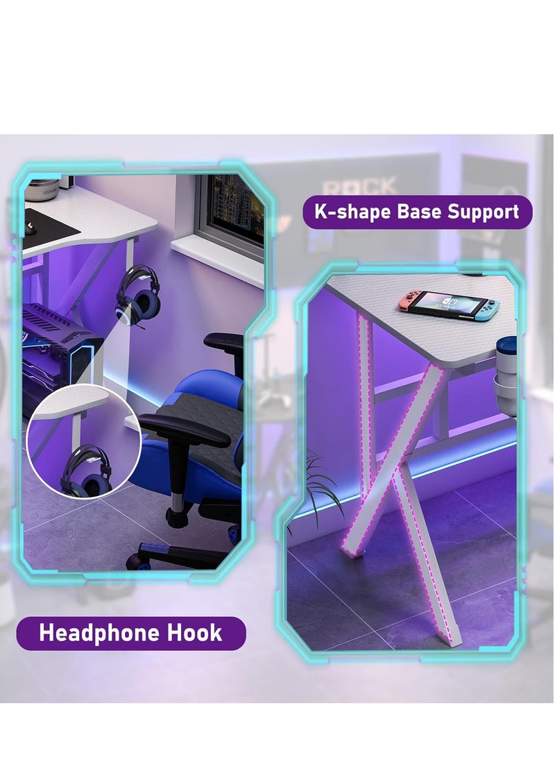 ZUIHAO ZUIHAO K-Shaped Gaming Desk Carbon Fiber Surface Office Desk with 2 Cable Holes Study Desk with Cup Holder for Gamers (White)  - Image 5